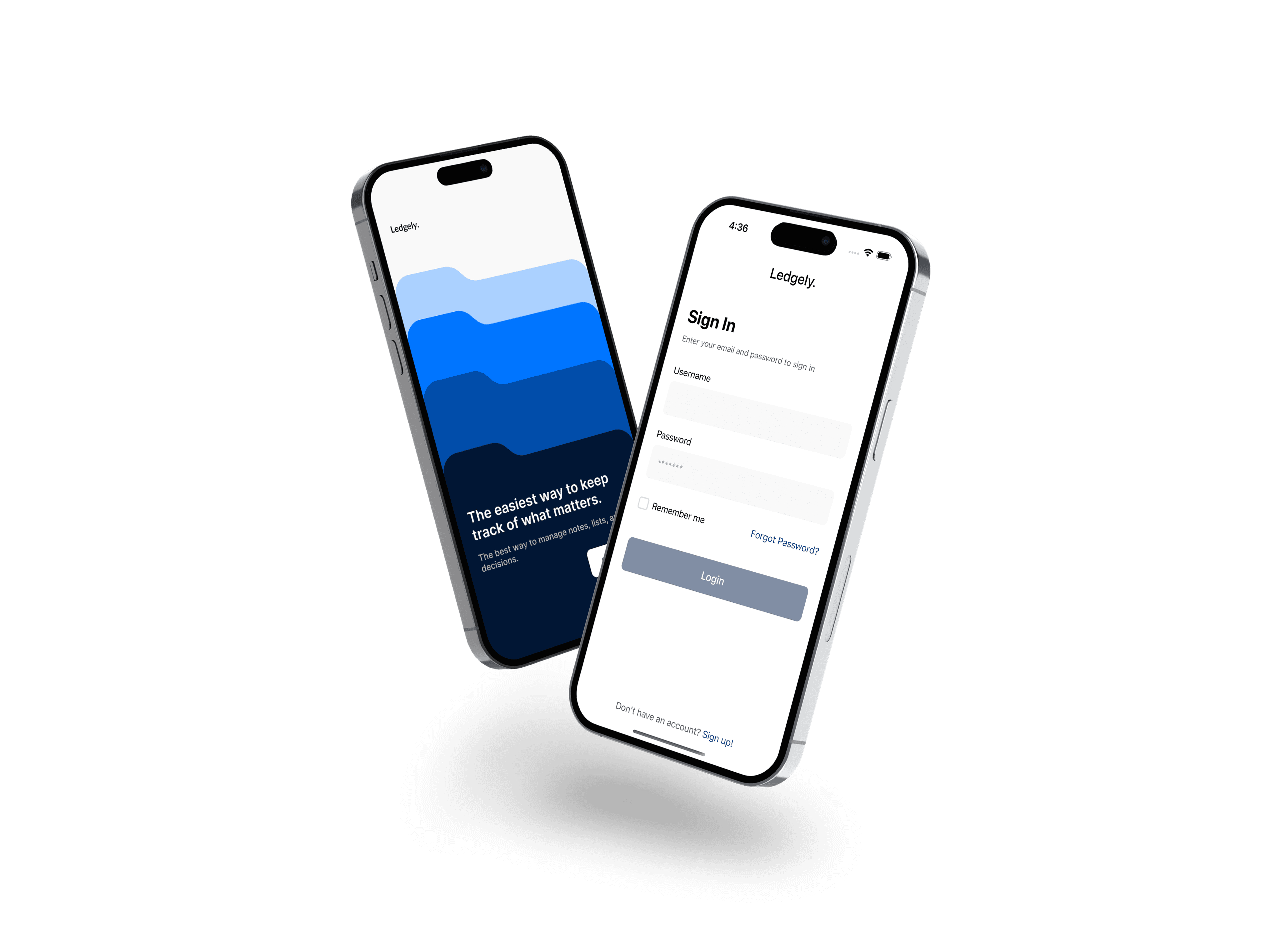Ledgely app on iPhone — landing and sign in screens